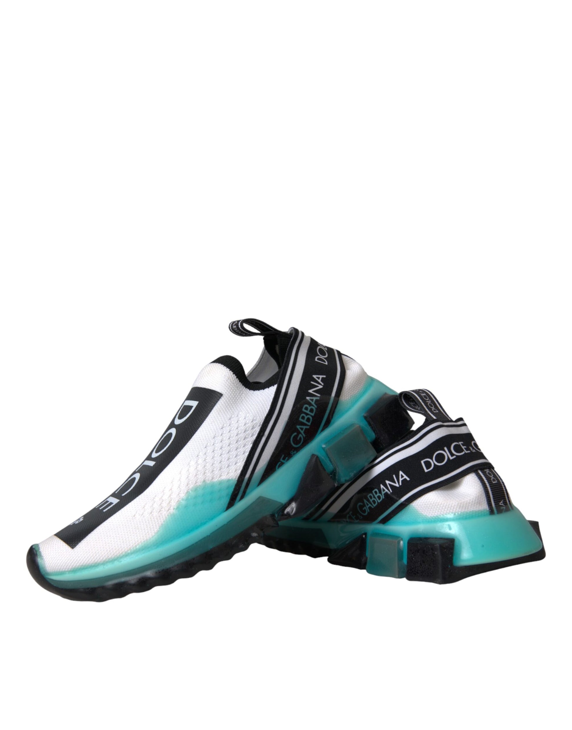 Dolce & Gabbana black and white knit slip-on Sorrento sneakers with teal transparent soles and branded elastic straps.