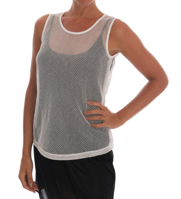 White mesh net tank top worn over a black inner layer