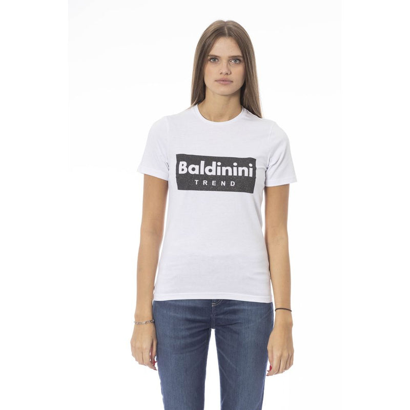 White cotton women t-shirt with black logo graphic on chest