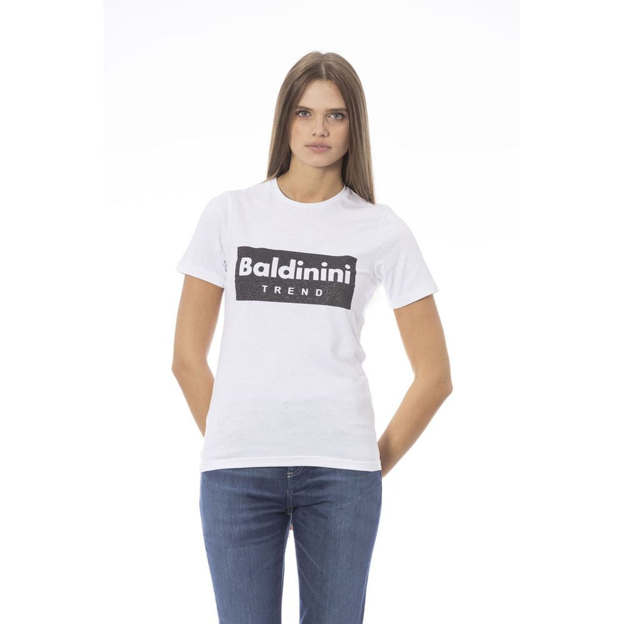 White cotton women t-shirt with black logo graphic on chest
