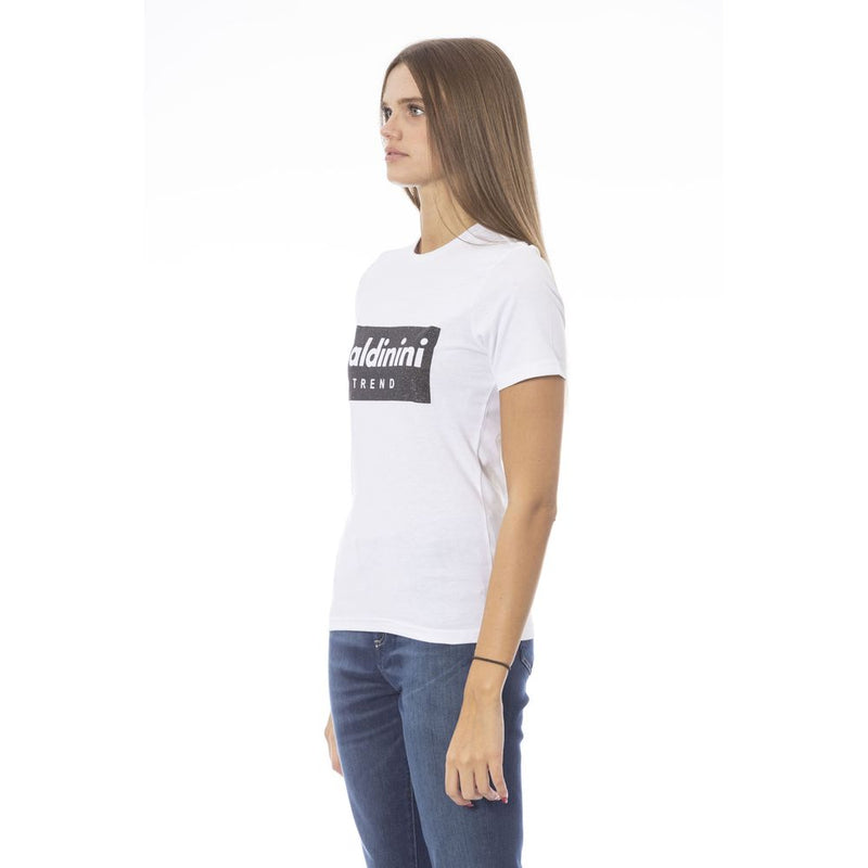 White cotton women t-shirt with short sleeves and black logo print on the front