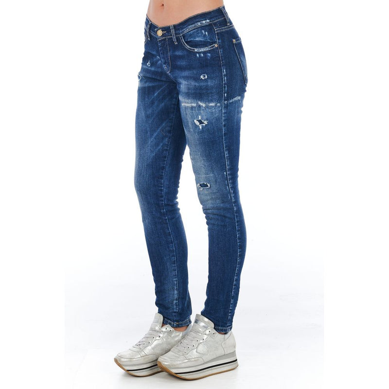 Blue cotton distressed skinny jeans for women