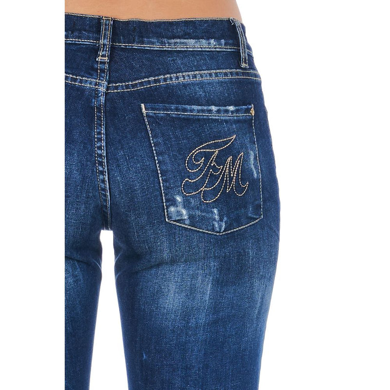 Blue cotton women's jeans with embroidered FM logo on the back pocket