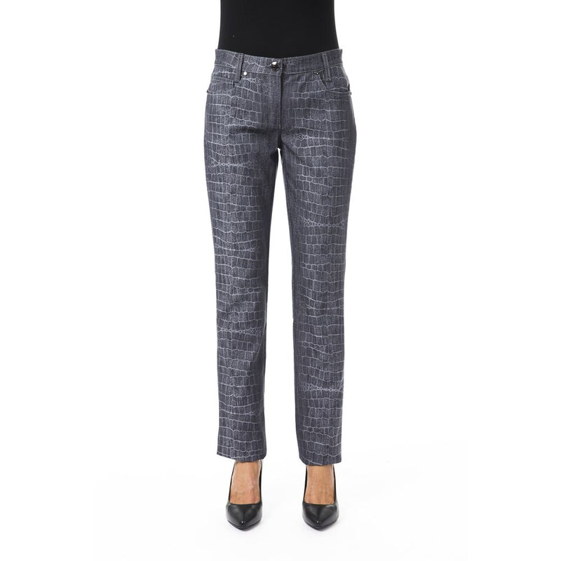 Black embossed crocodile-pattern women's pants with straight-leg style