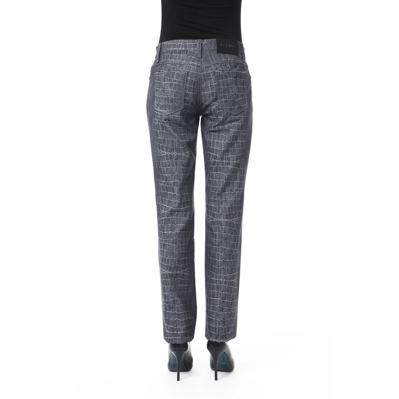 BYBLOS black viscose women pants with crocodile skin texture, slim fit and straight legs