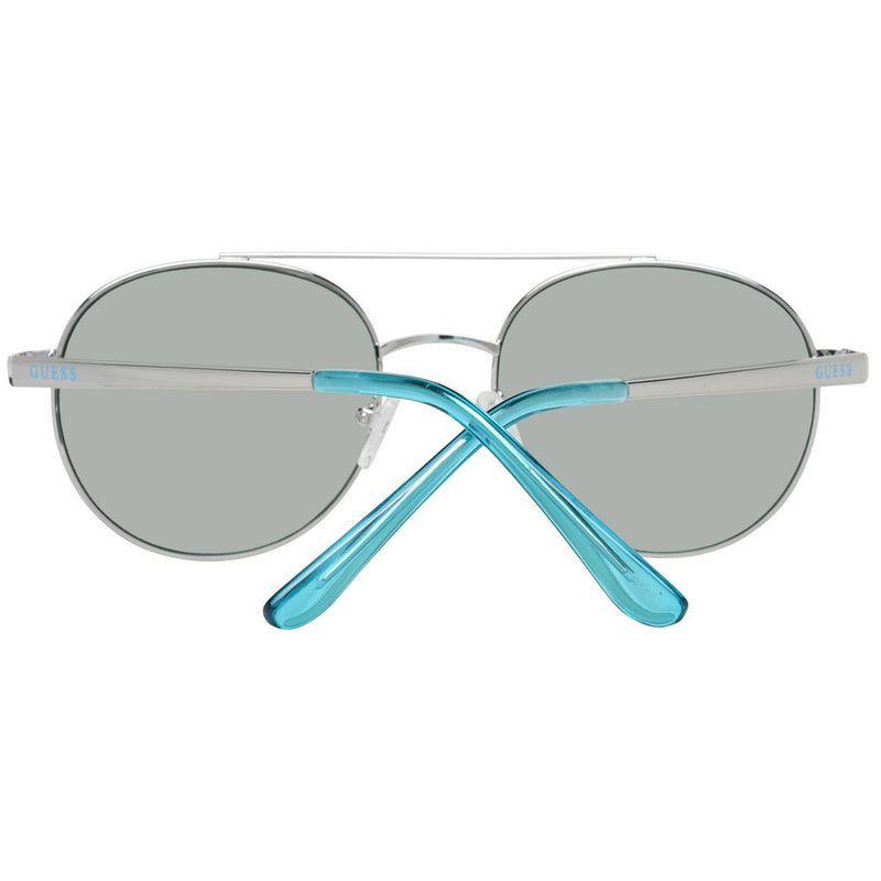 Silver metal sunglasses with round grey lenses and translucent turquoise arms folded in front