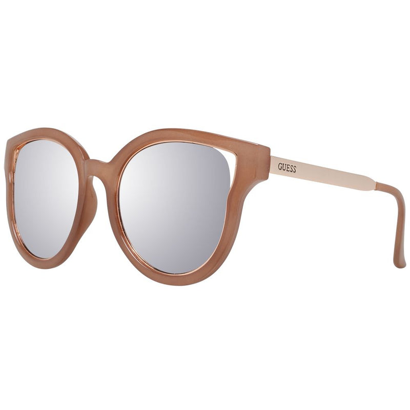Brown metal and plastic cat-eye sunglasses with silver reflective lenses