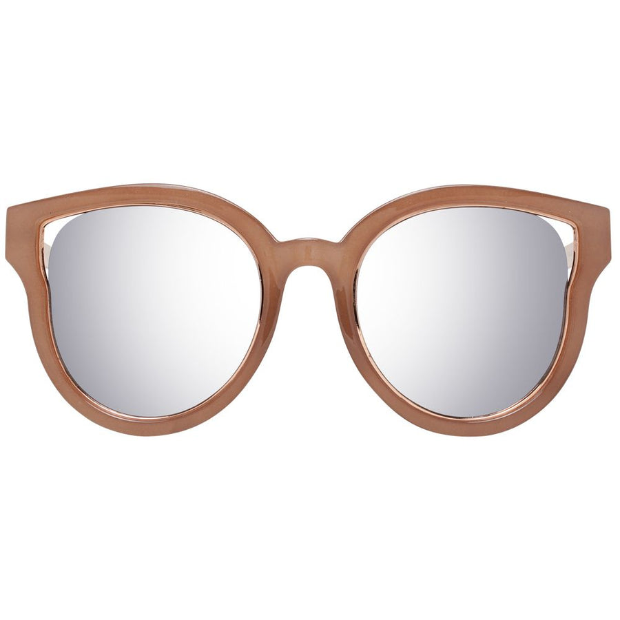 Brown metal and plastic cat-eye sunglasses with silver reflective lenses