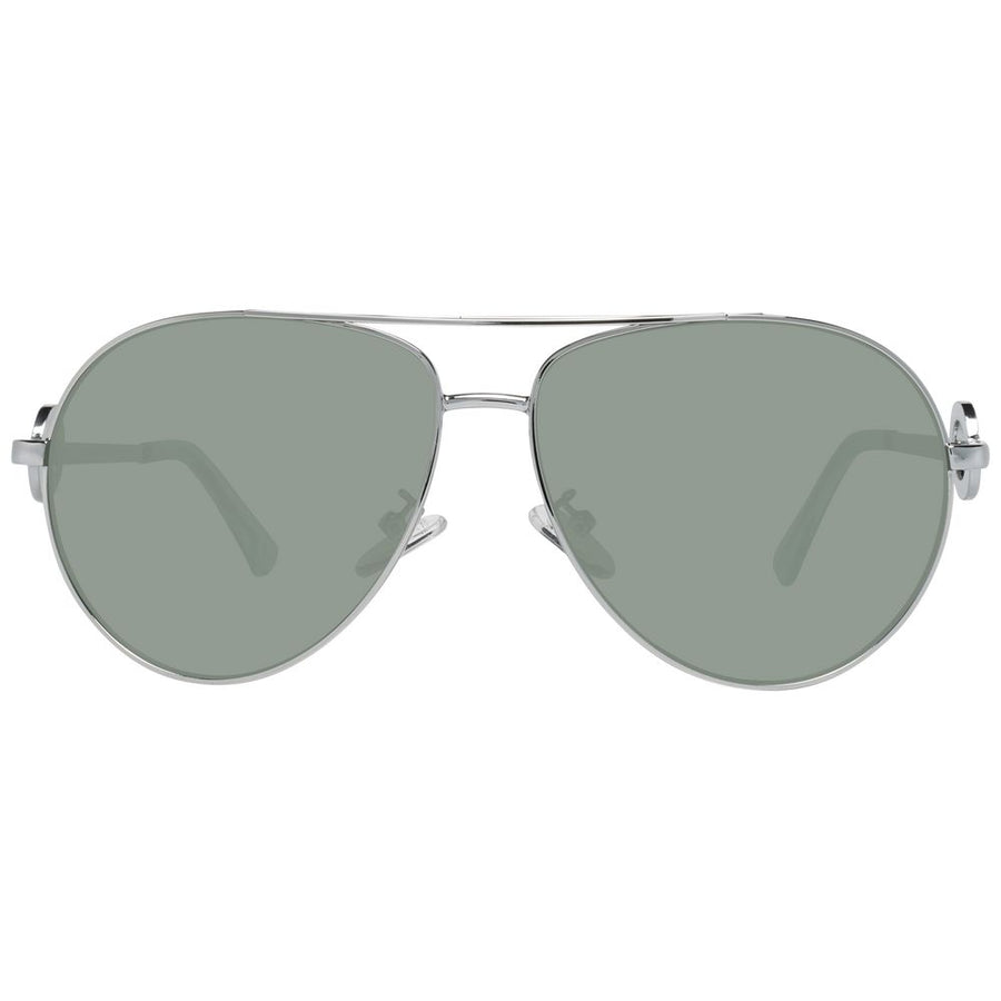 Silver metal aviator sunglasses with green lenses and decorative ring temples