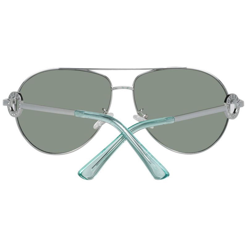 Guess silver metal aviator sunglasses with green tinted lenses and translucent light blue temple tips
