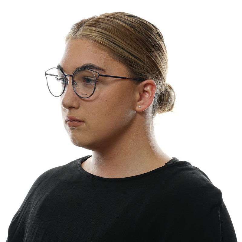 Blue metal and plastic cat-eye glasses frames worn by a woman