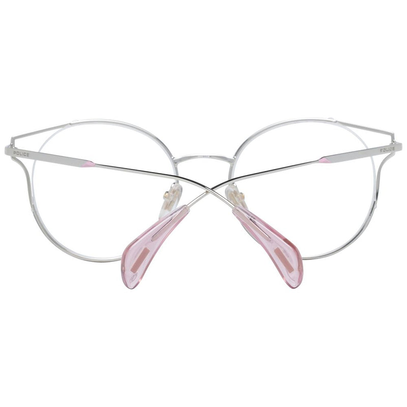 Police round silver metal and pink plastic eyeglass frames viewed from the back with folded temples