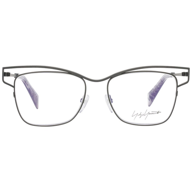 Yohji Yamamoto gray titanium cat-eye glasses frames with a geometric double-brow bar and purple patterned temple tips