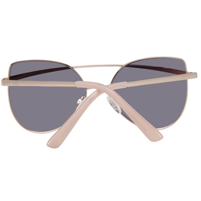 Rose gold metal cat-eye sunglasses with grey tinted lenses and folded temples
