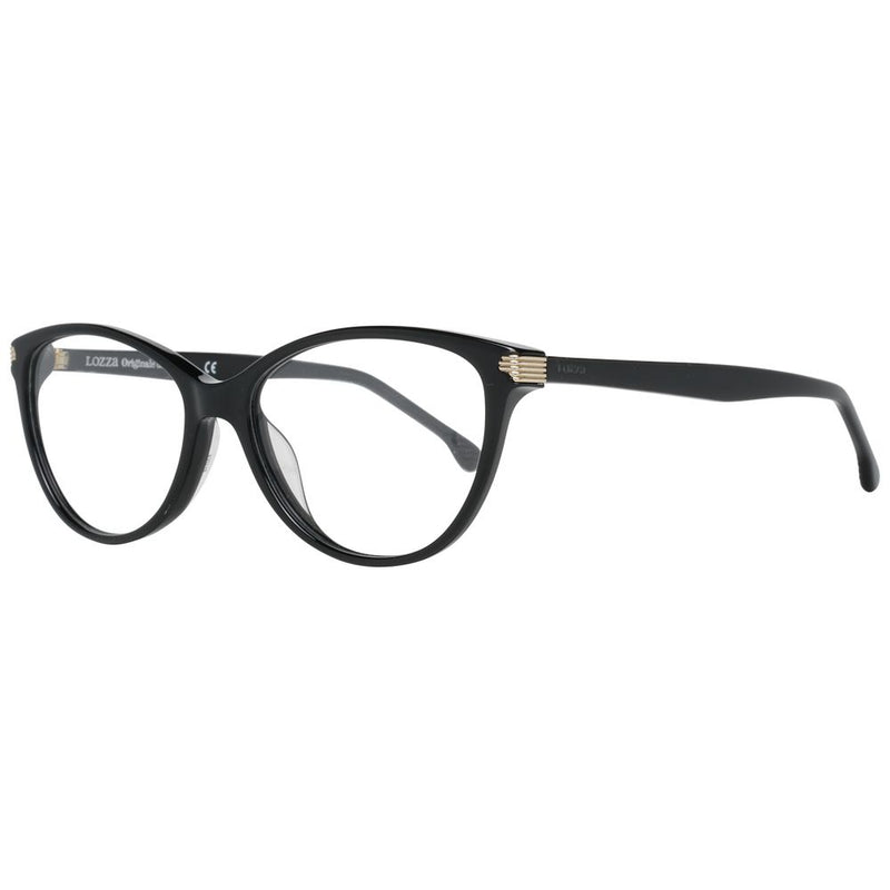 Glossy black cat-eye plastic glasses frames with gold accent details on the hinges