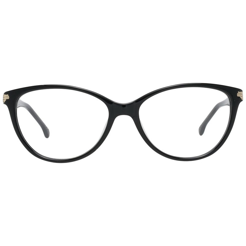 Glossy black plastic cat-eye glasses frames with gold hinge details