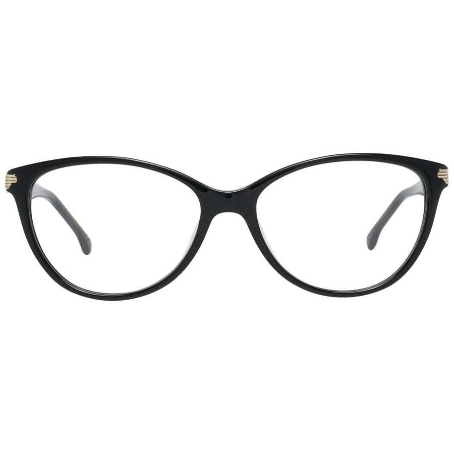 Glossy black cat-eye plastic glasses frames with gold accent details on the hinges