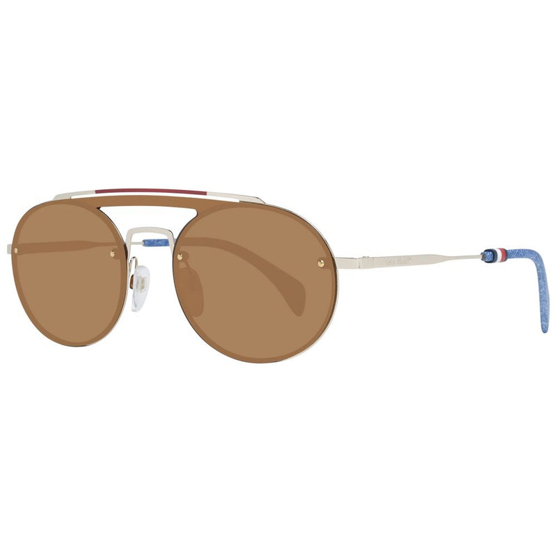 Gold metal and plastic aviator sunglasses with brown lenses and blue temples