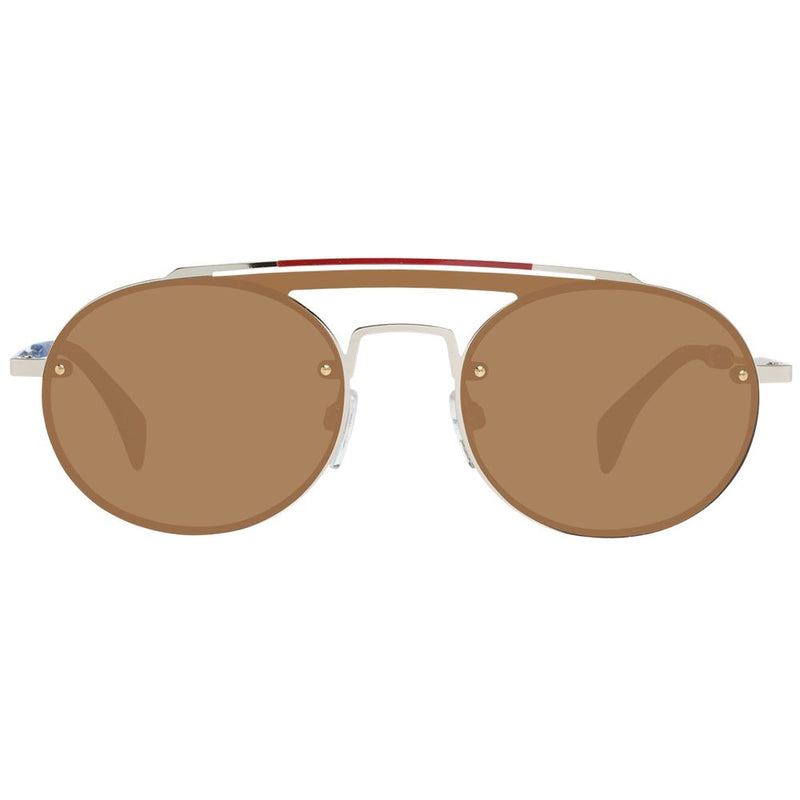 Tommy Hilfiger gold metal and plastic sunglasses with round brown tinted lenses and a straight top bar