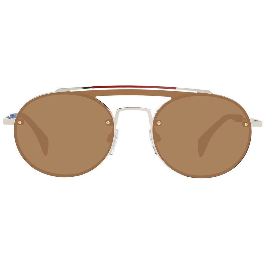 Gold metal and plastic aviator sunglasses with brown lenses and blue temples