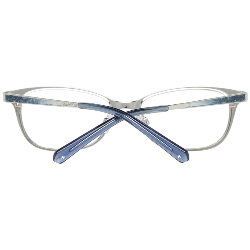 Swarovski silver metal eyeglass frames with blue crystal-embellished brow lines and folded blue temples