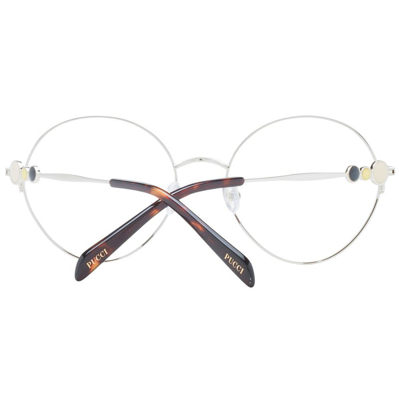 Thin silver metal round eyeglass frames with tortoiseshell temples featuring the Pucci logo