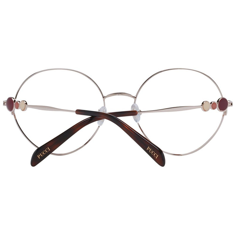 Round Emilio Pucci metal eyeglass frames in gold with multicolored dots on the temples and tortoiseshell tips