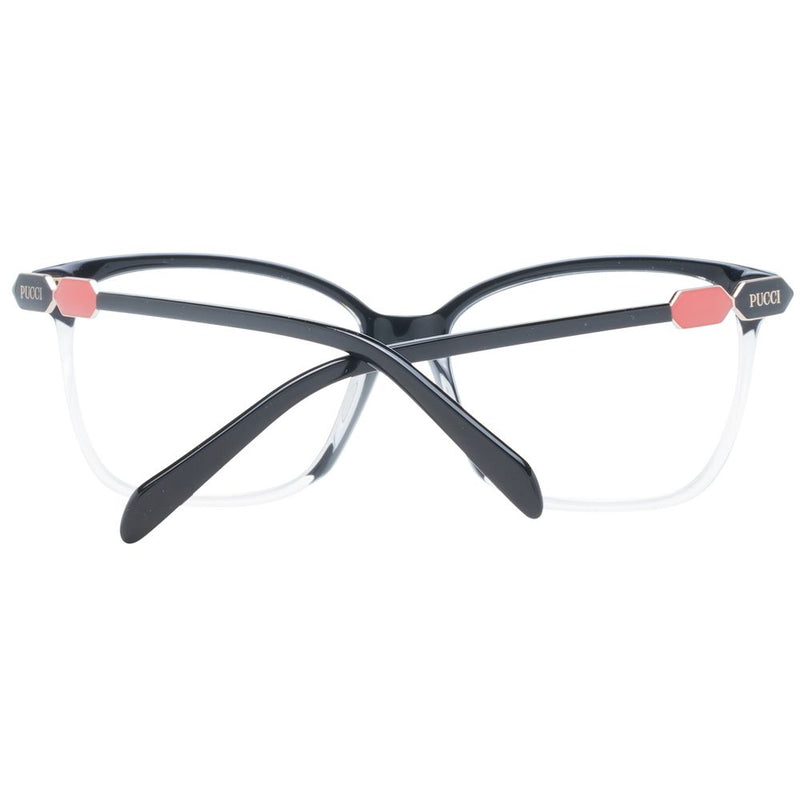 Emilio Pucci black plastic eyeglass frames with clear lower rims and pink accents on the temples
