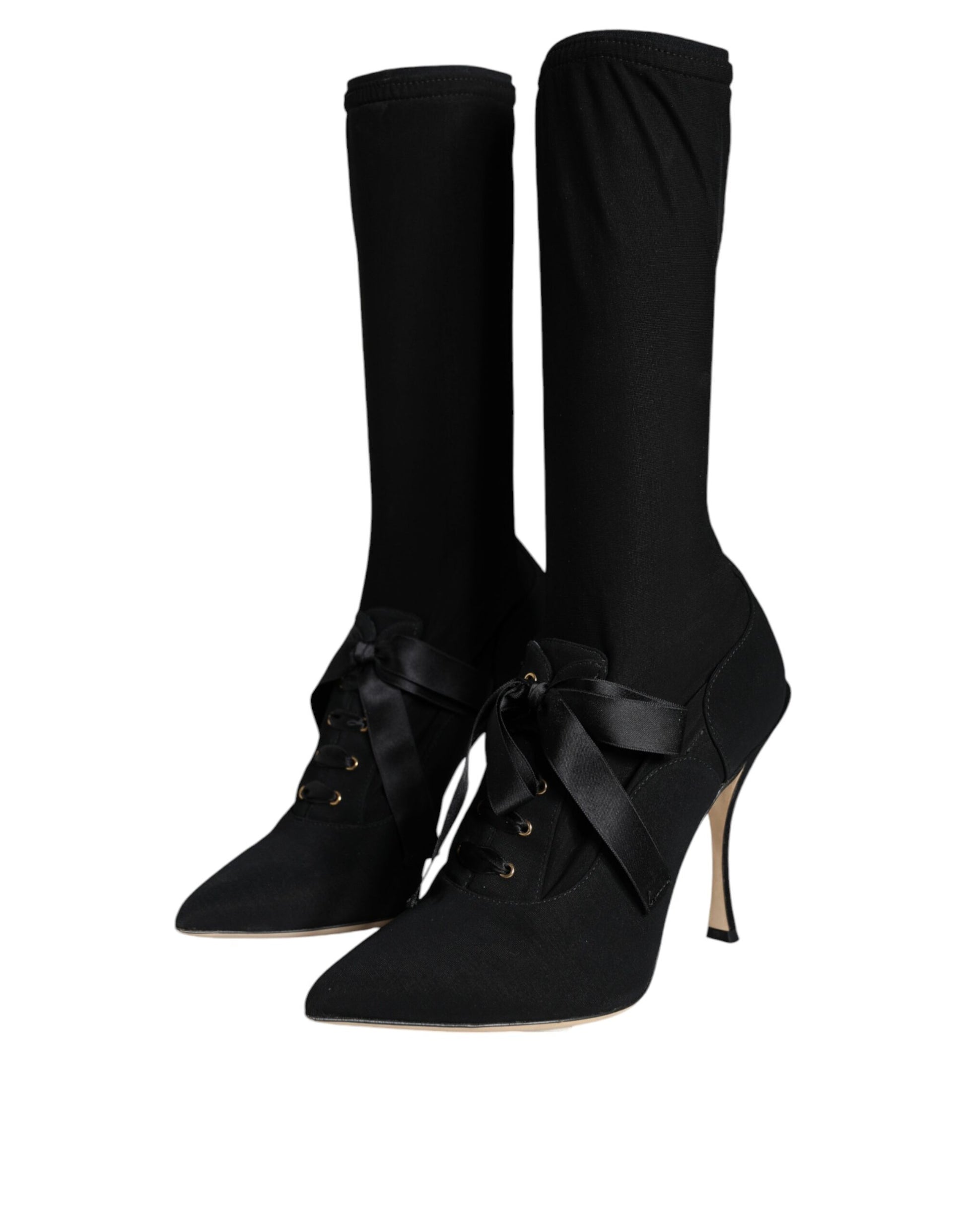 Black Dolce & Gabbana mid-calf sock boots in stretch fabric with pointed toes, stiletto heels, and silk ribbon laces.