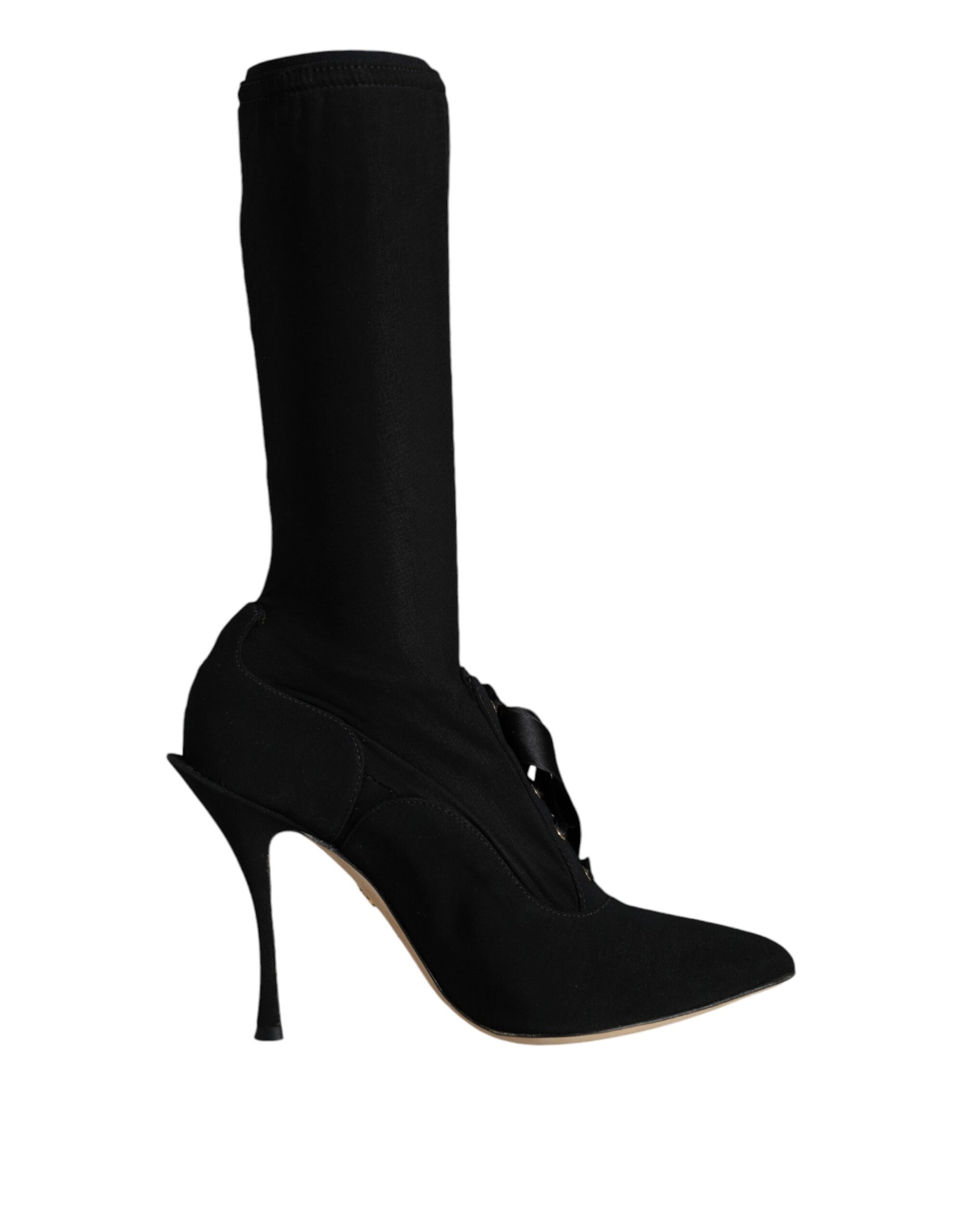 Dolce & Gabbana black mid-calf stiletto boots in stretch fabric with a pointed toe and lace-up front detail.