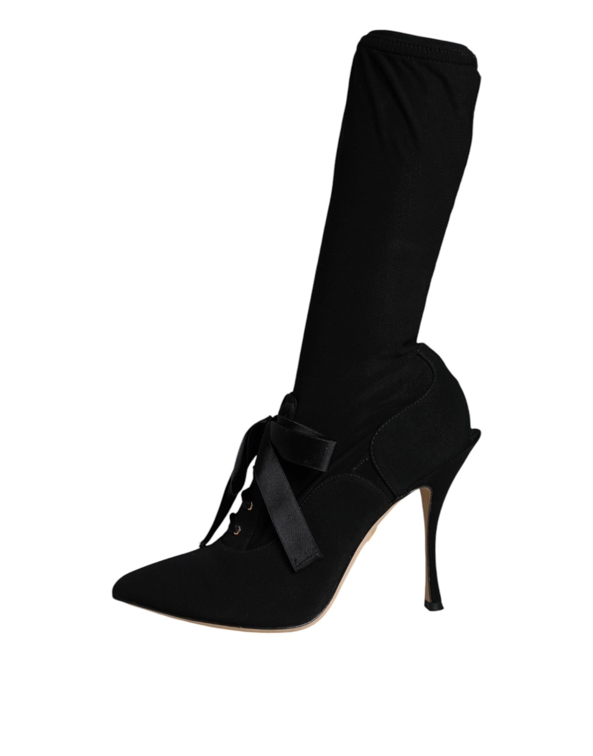 Dolce & Gabbana black fabric mid-calf stiletto boots featuring a pointed toe and a decorative ribbon bow detail.