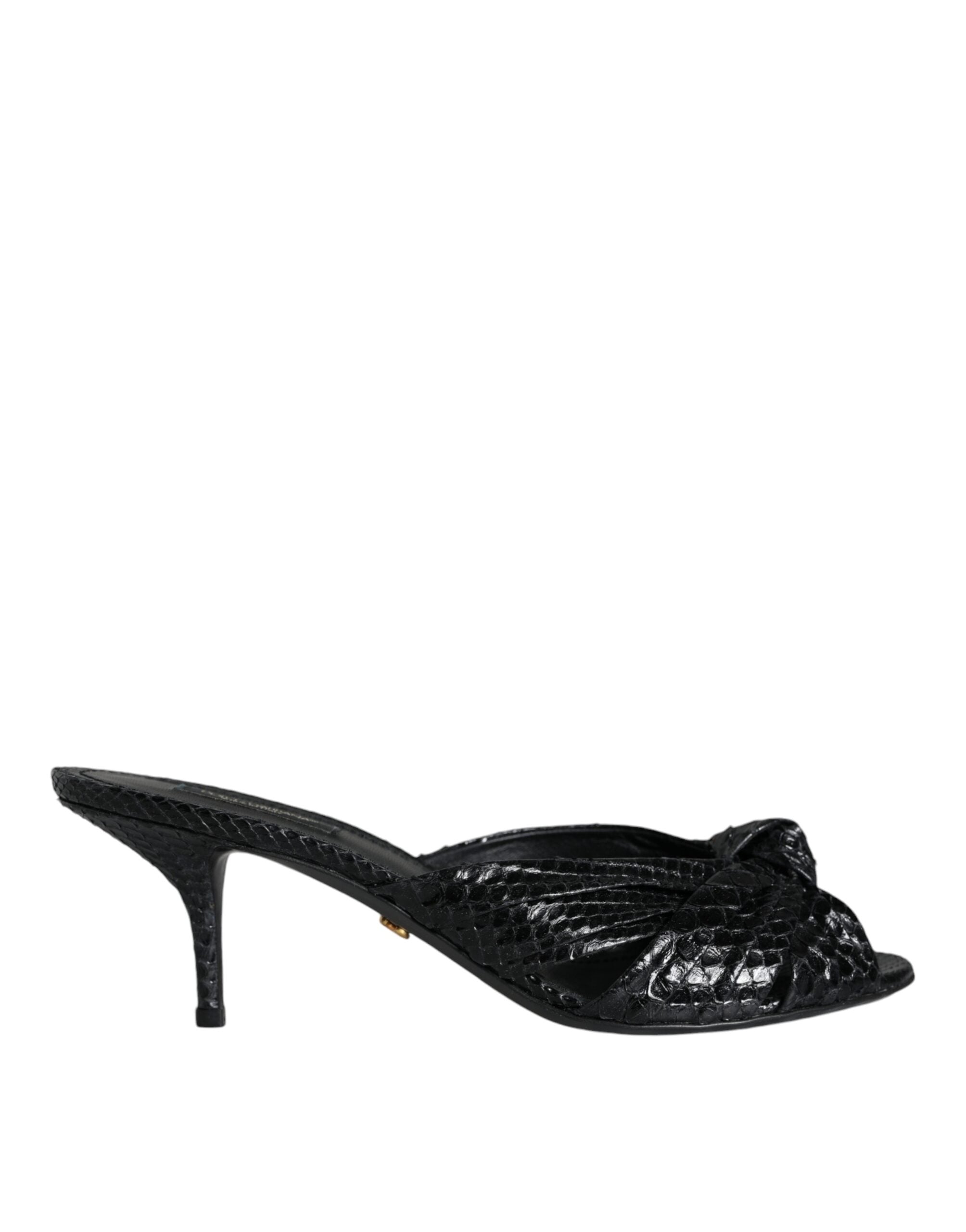 Black snakeskin-embossed leather mule sandals with a knotted peep-toe front and a slim kitten heel.