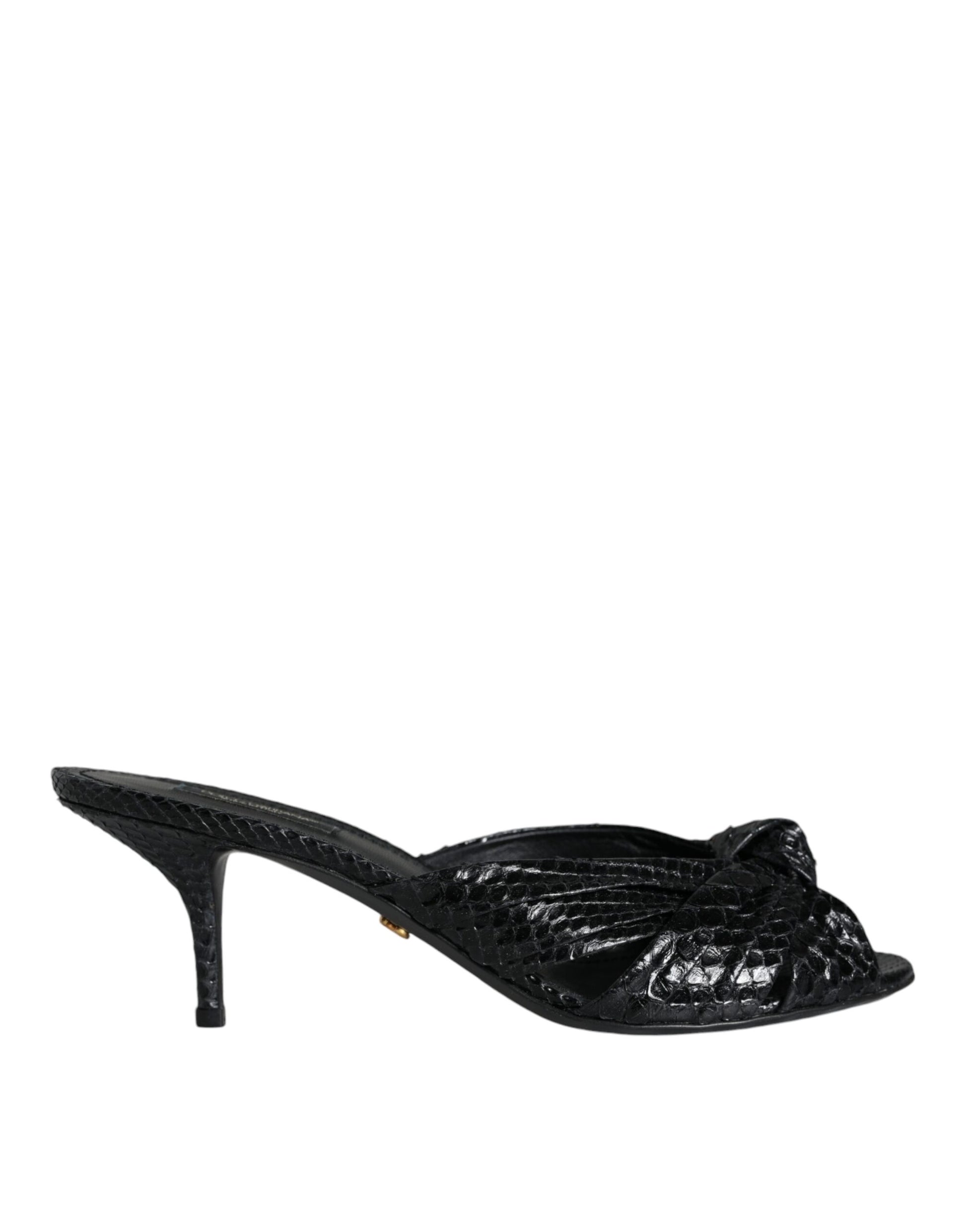 Black snakeskin-embossed leather mule sandals with a knotted peep-toe front and a slim kitten heel.