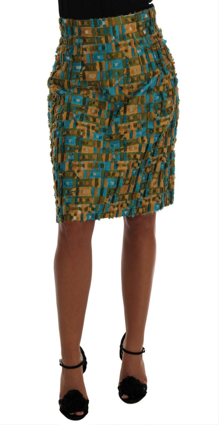 Multicolor jacquard straight pencil skirt with a textured pattern