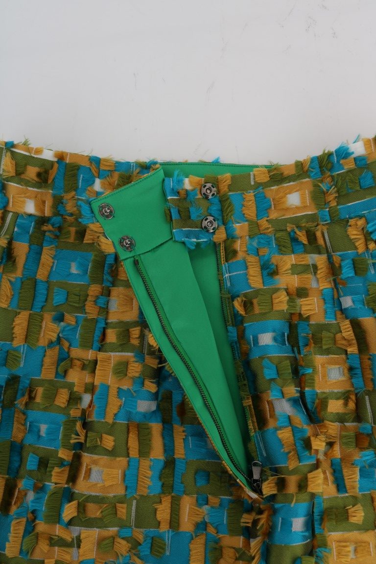 Multicolor jacquard straight pencil skirt with a fringe texture and green lining