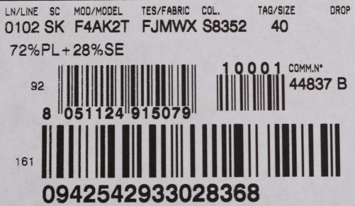 Product label with barcodes and text