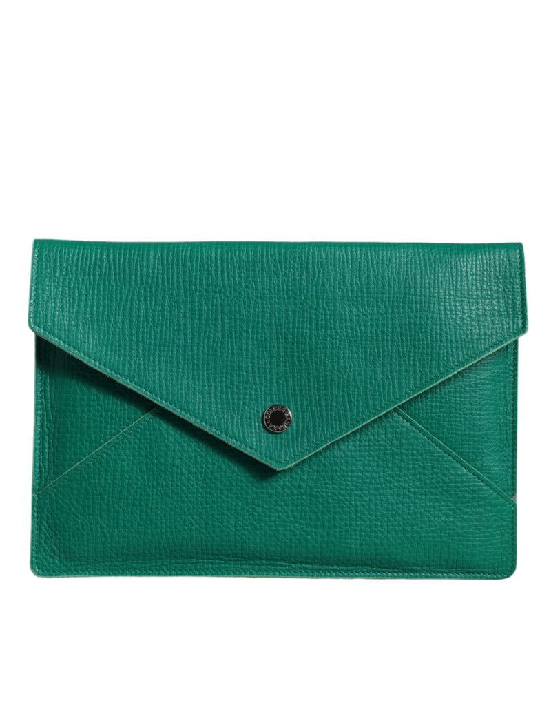 Dolce and Gabbana green textured leather envelope clutch with a silver snap closure
