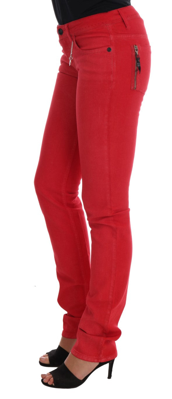 Red cotton stretch slim fit jeans worn by a model