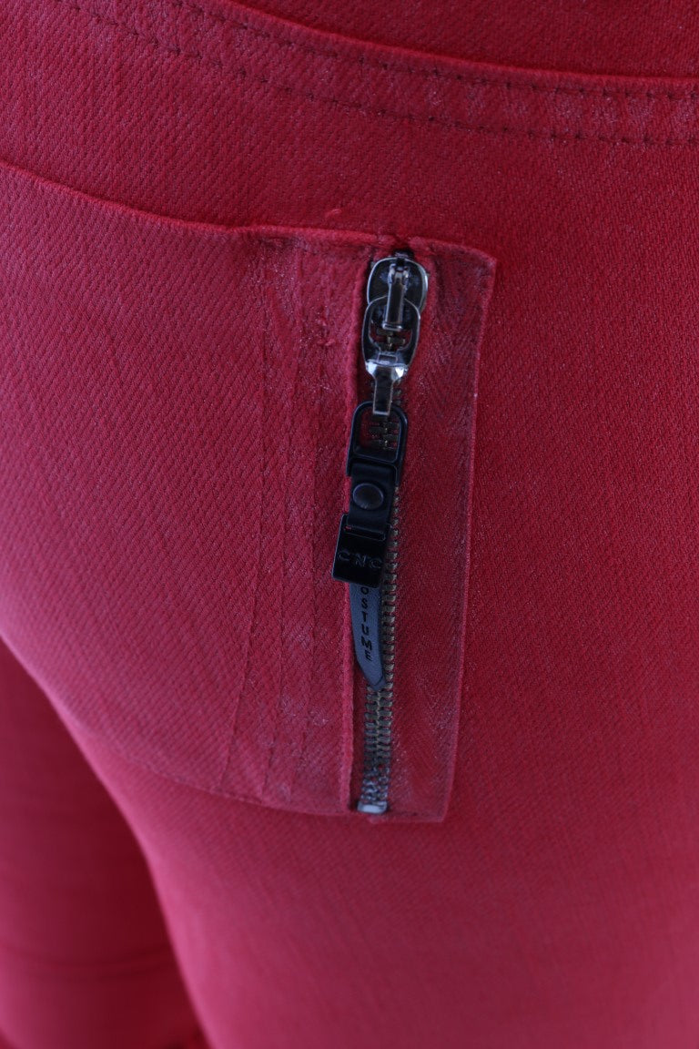 Red cotton stretch slim jeans with a zippered pocket detail