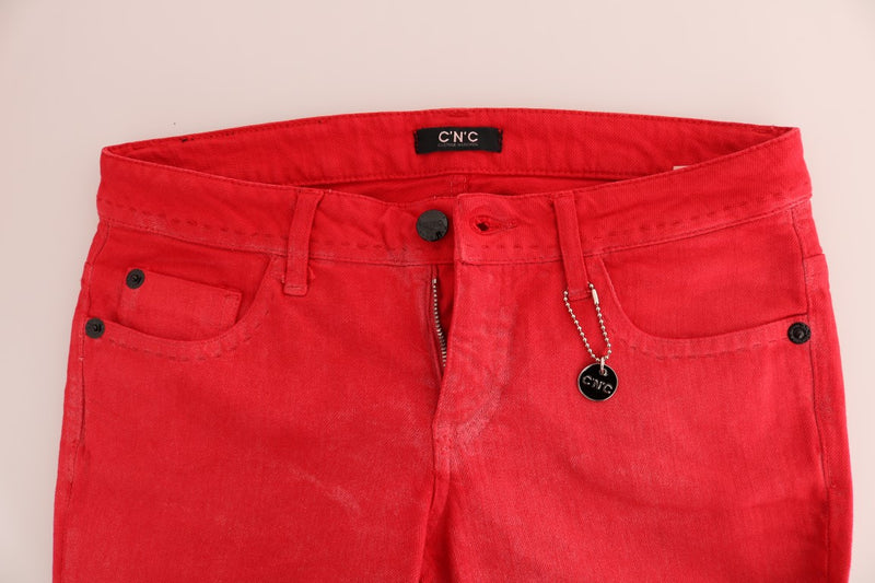 Costume National red cotton stretch slim jeans waist and pockets closeup