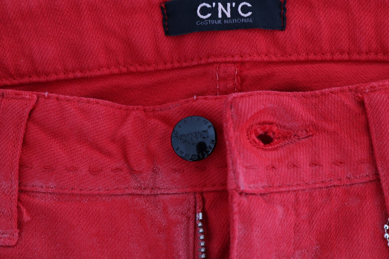 Red cotton stretch slim jeans with a black button and C'N'C Costume National label