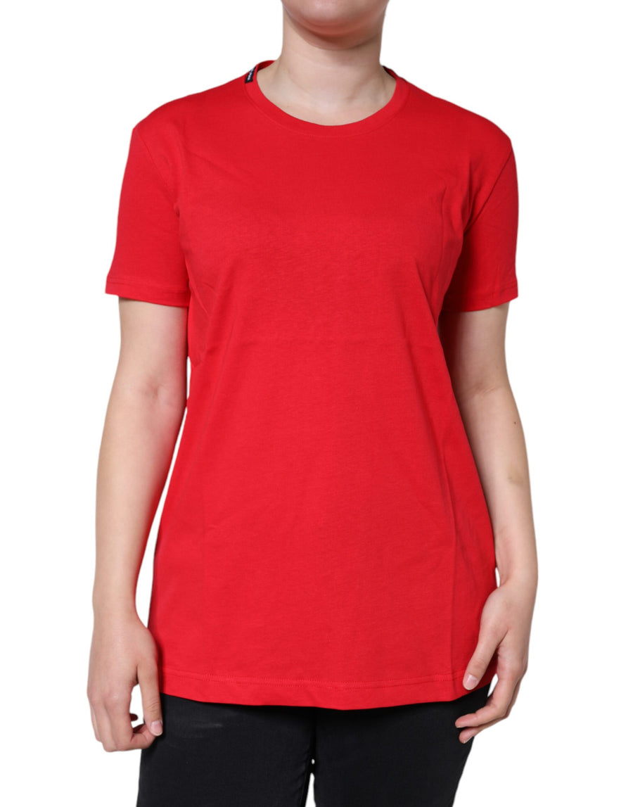 Red cotton short-sleeve crew neck t-shirt worn by a person