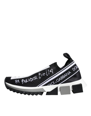 Dolce & Gabbana black and white slip-on sneaker in mesh fabric with logo lettering and geometric rubber sole.