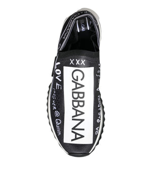 Dolce & Gabbana black and white slip-on sneaker in mesh fabric with white graffiti-style logo and text graphics.