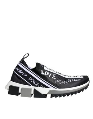 Dolce & Gabbana black and white Sorrento knit low-top sneaker with graffiti "LOVE" graphic and chunky geometric sole.