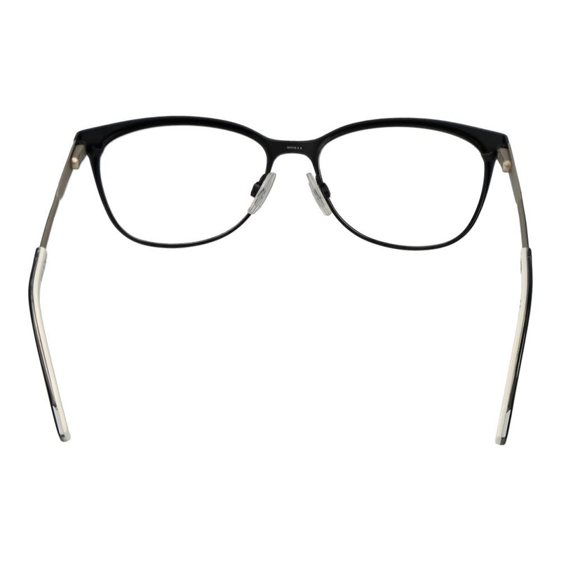 Black stainless steel eyeglass frames with full rims and rounded rectangular lenses