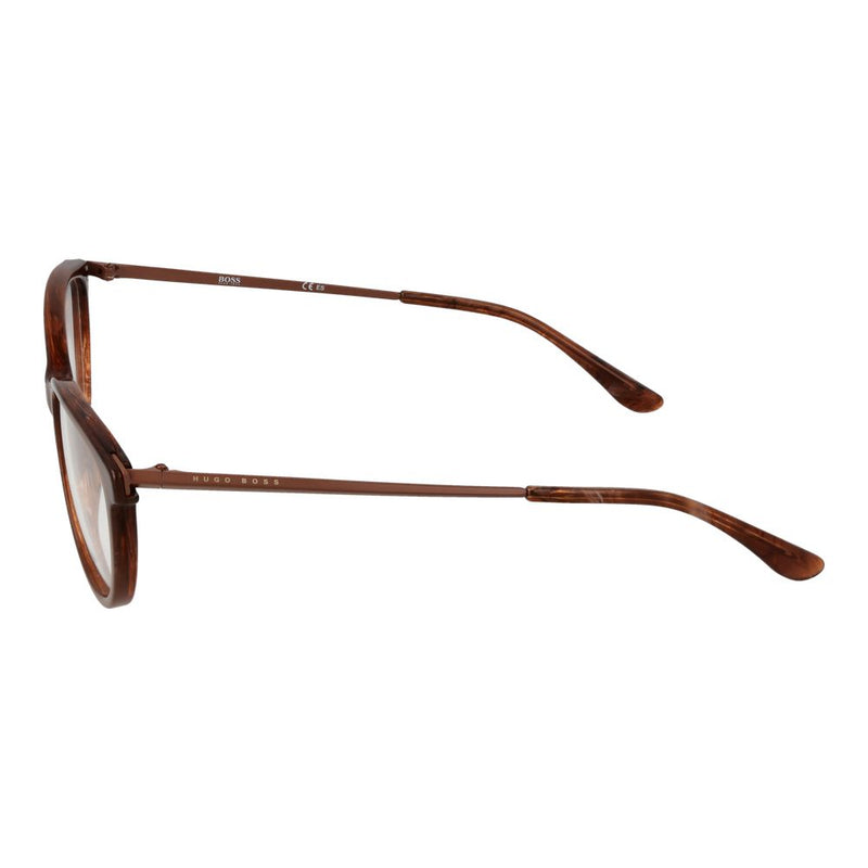 Brown acetate and metal eyeglass frames by Hugo Boss shown from a side angle