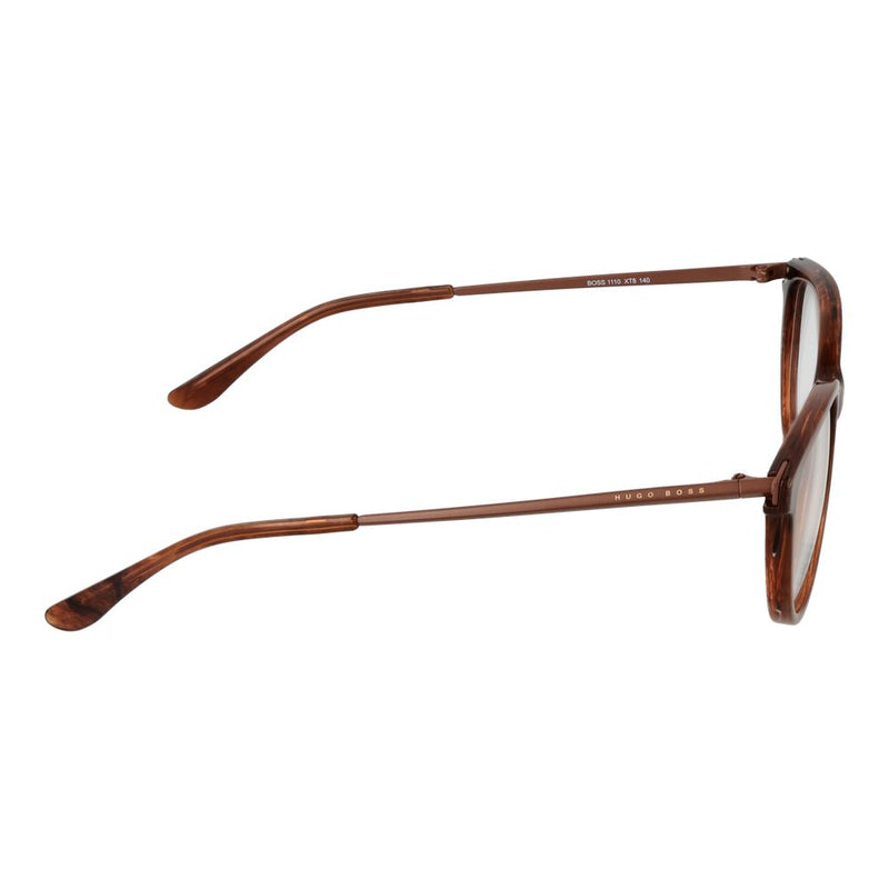 Side profile of brown tortoise-shell acetate eyeglasses frames with thin metal temples