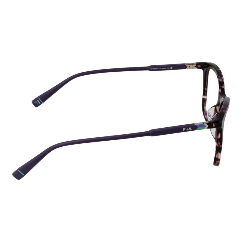 Side view of purple cellulose acetate glasses frames with tortoise pattern and Fila logo on temples