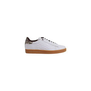 White sneaker with leopard print accents on a white background
